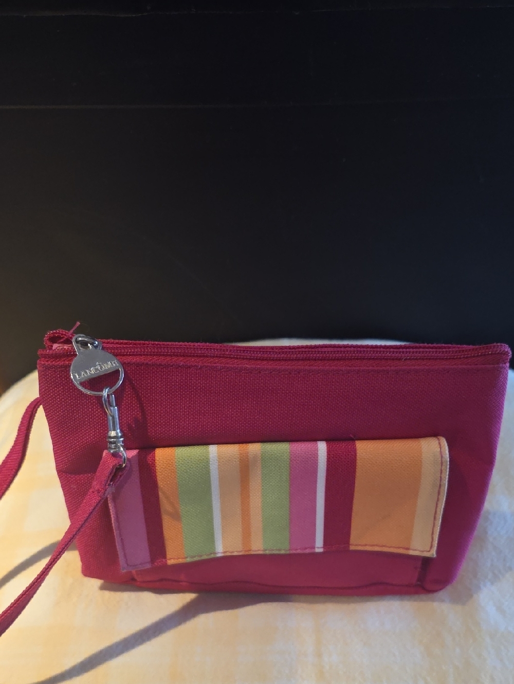 New Pink Lancome Canvas Wristlet Clutch Zip Bag With Stripe Snap Pocket 8x5x3 C